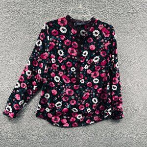 Jones New York Women Top Small Black Pink Floral Long Sleeve Button Front Blouse
